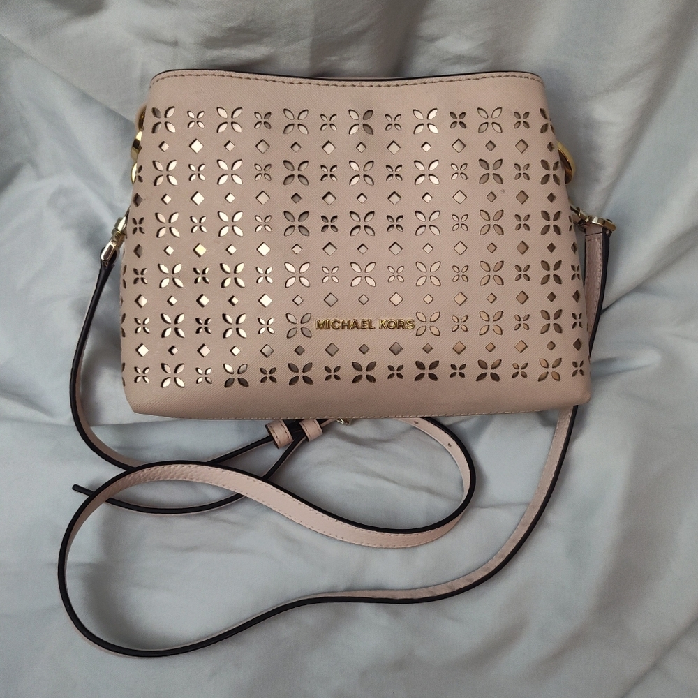 Michael Kors PORTIA Lasercut Pink with Gold Accents Small Crossbody Shoulder Bag